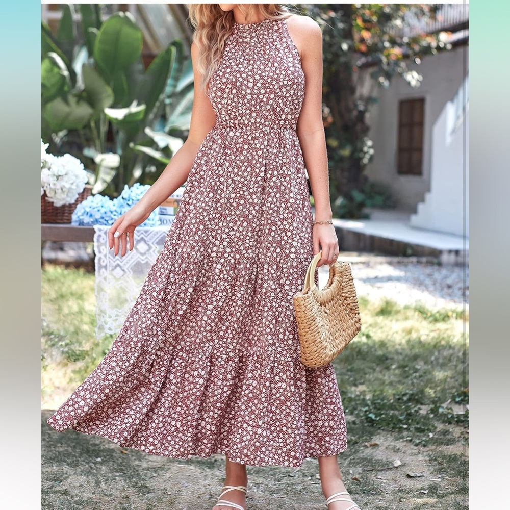 Red Floral Sleeveless Maxi Dress High Neck Size Medium